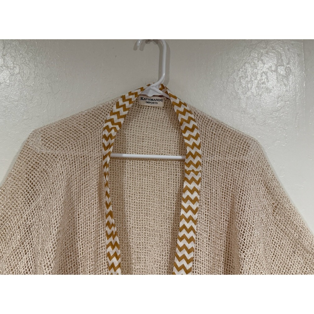 Kathmandu Imports Beige Open Knit Kimono Cardigan Chevron Trim Fringe One Size - Picture 3 of 10